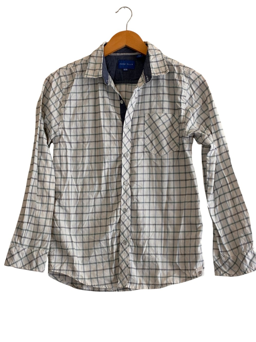 Perry Ellis | Blue and white patterned long sleeve button front shirt boys 14/16